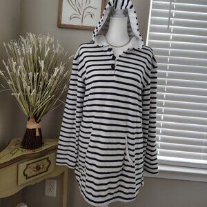 Vineyard Vines - Hooded Long Sleeve Top - White with Navy Blue Stripes  - Medium